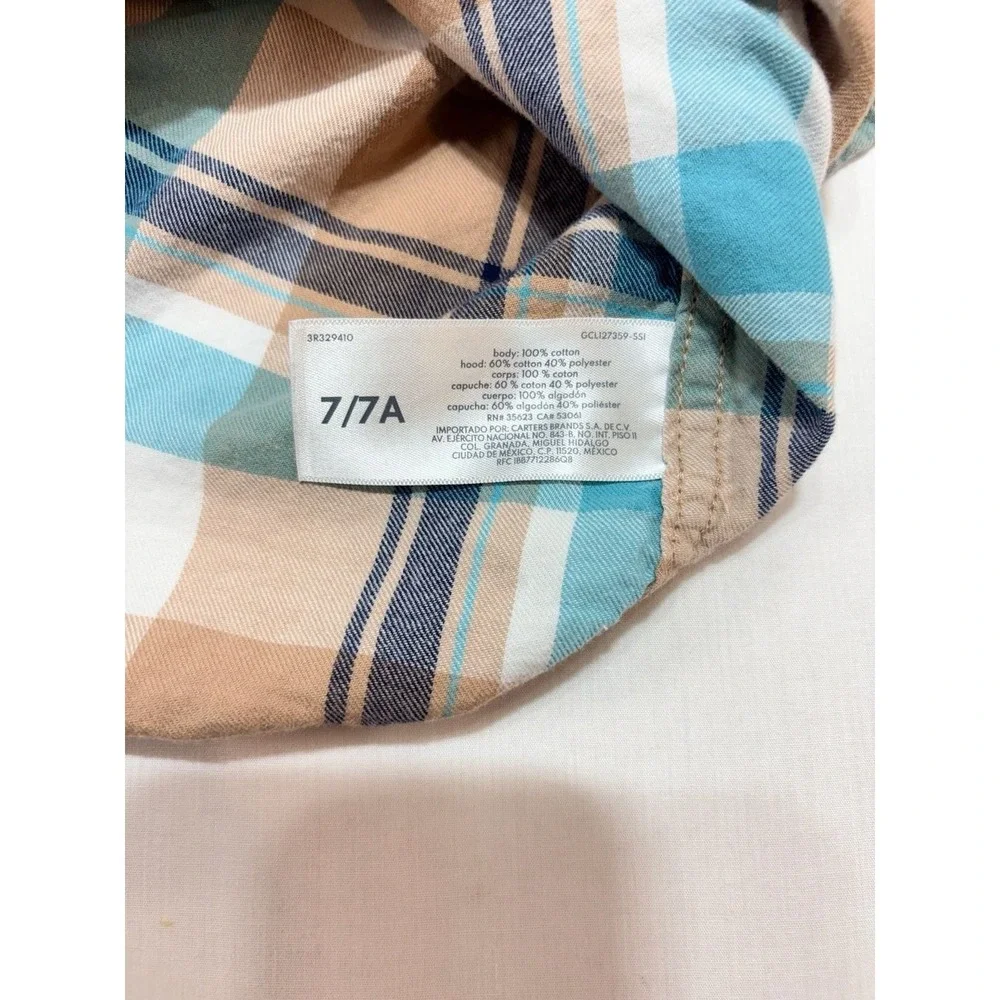 Carter's Boys Blue Tan Plaid Hooded Flannel Button Down Shirt Size 7